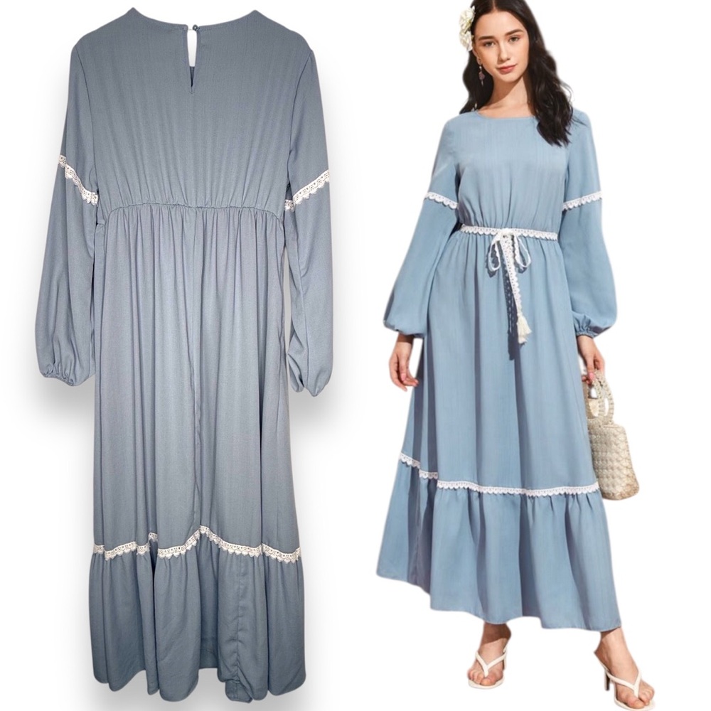 Women Abaya Dress Grayish Blue Sz M White Lace Trim Flowy Milkmaid Fairy Prairie